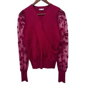 Cato Womens Magenta Ribbed Wrap Sweater Sheer Floral‎ Puff Sleeve M
